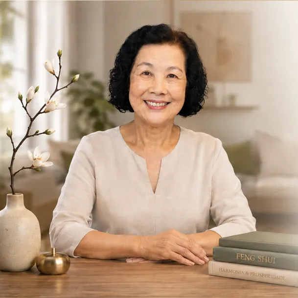 Helena Sato, especialista en Feng Shui, sentada a la mesa con libros de Feng Shui