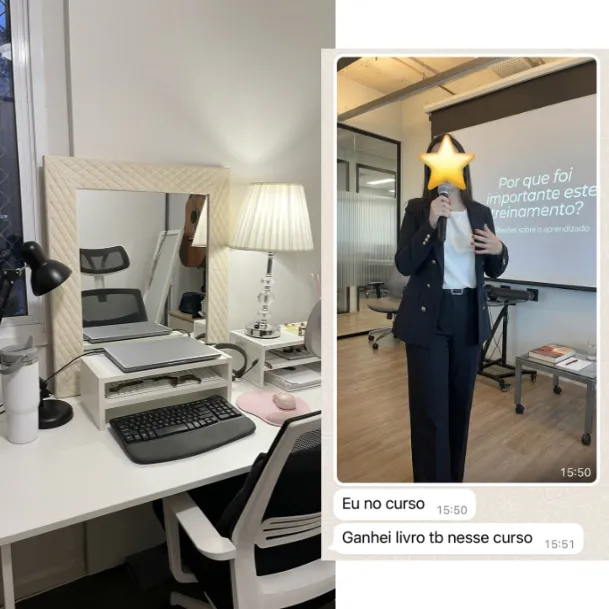 Captura del mensaje de Verónica Souza junto a la foto del escritorio ordenado